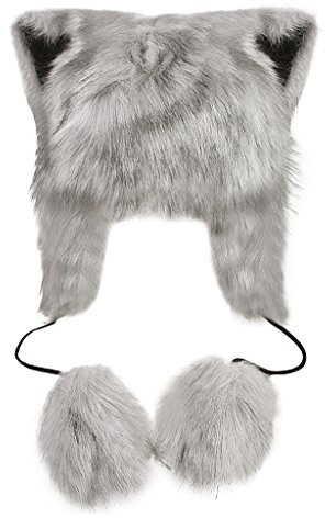 FakeFace Damen Wintermütze Tiermütze Warm Kuschelweiche Kunstfell Fuchs Hut mit Futter Kostüm Karneval Cap mit Ohrenwärmer Ski Mütze Party Hüte Grau