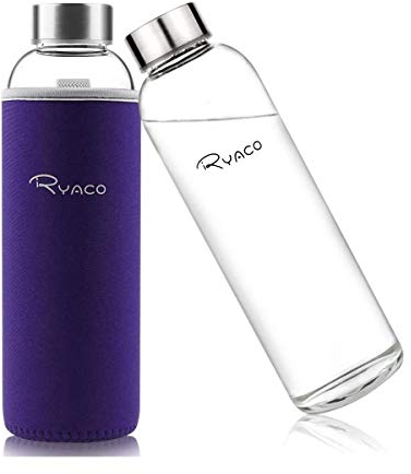 RYACO Trinkflasche aus Glas 550ml/18oz,Glasflasche mit Neoprenhülle,Glastrinkflasche mit Schraubverschluss,Wasserflasche Glas für heiße kalte Getränke,spülmaschinenfest