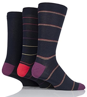 SockShop Men's Comfort Cuff Socks - Striped and Plain Soft Breathable & Cooling Bamboo Material Multipack of 3 Pairs Navy/Red 7-11