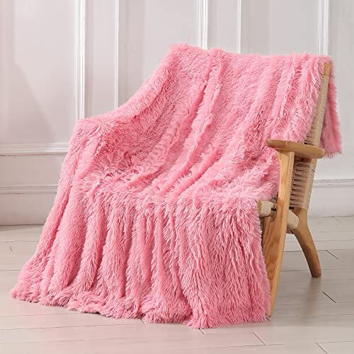 Tuddrom Extraweiche Kunstfell-Decke, Doppelbett-Größe, 177,8 x 198,1 cm, einfarbig, wendbar, flauschig, gemütlich, Langhaardecke, Plüsch-Fleece, Mikrofaser-Felldecke für Sofa, Bett, Pink