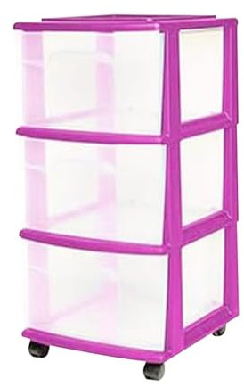 Homz 3 Drawer Plastic Storage and Organizer Cart, Rolling Cabinet for Home, Office, Classroom, Craft, Art Supplies, Purple Frame with Clear Drawers