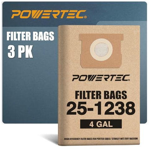 POWERTEC 75051 Lot de 3 sacs filtrants pour aspirateur Stanley 25-1238, Porter Cable PCX18301-4B, SL18301-3B 1238