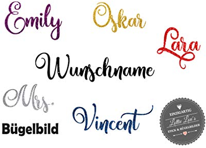 Bügelbild Wunsch Name Text in Flex, Glitzer, Flock, Effekt in Wunschgröße