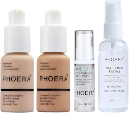 Phoera Foundation Full Coverage Make-up-Set – enthält Nude & Buff Beige 30 ml Matte Foundation, 6 ml Gesichtsprimer und 50 ml Setting Spray für glänzendes, mattes Finish