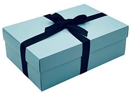 Blue Gift Box with Lid | Pick Your Ribbon Colour | Large Memory or Hamper Boxes | Flat-Packed Gift Boxes for Presents, Birthday or Baby Gifts | Size 30x20x10cm (Black Ribbon 88)