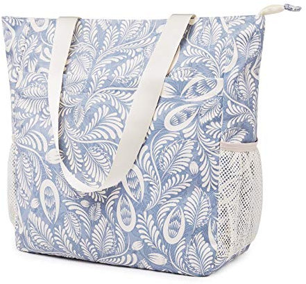 WANDF Floral Beach Tote Water-resistant Beach Bag Large Shoulder Bag for Yoga Travel with Multi Pockets (Blue Leaf)
