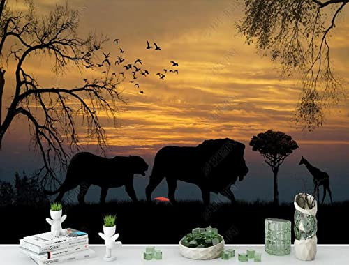 QEETapete Papier Peint Panoramique Lion Et Girafe De La Savane Africaine Au Crépuscule Papier Peint Nature Intissé Murale Chambre Salon,250x175cm