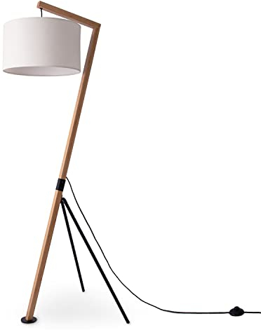 Paco Home Stehlampe Wohnzimmer Holz Standleuchte Leselampe Deko Stehleuchte Büro E27 Fassung Vintage Stoff Lampenschirm Modern Stativ Bogenlampe
