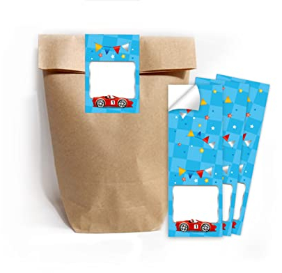 12 Geschenktüten (Natur) + 12 Aufkleber Rennauto Rennwagen für Mitgebsel Gastgeschenk beim Kindergeburtstag Jungen