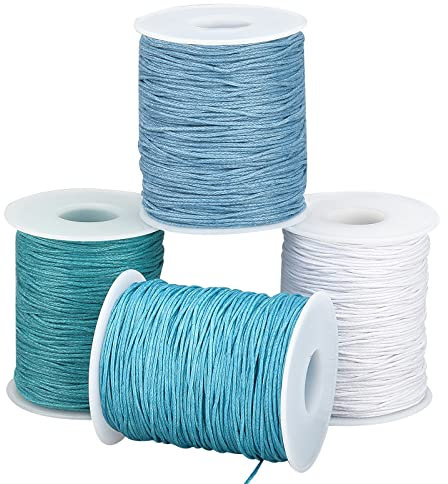PH PandaHall 400 Yards 1mm Waxed Cotton Cord Thread, Blue Series Braided Jewelry Cord String 4 Colors Round Beading Thread with Spool for Summer Bohemian Wave Bracelet Necklace Macrame Crafts Making