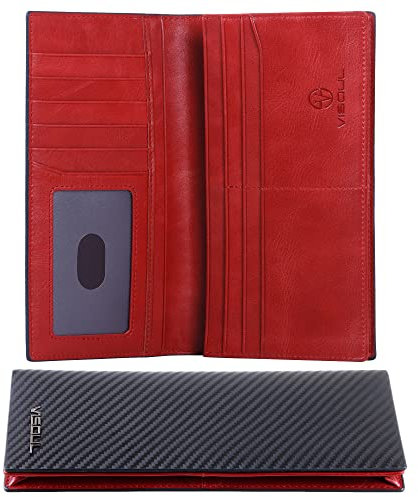 VISOUL Portefeuille Homme en Cuir Véritable, Portefeuille Long à Deux Volets en Cuir avec Blocage RFID, Porte Chéquier avec 3 Compartiment à Billets et 12 Emplacements pour Cartes (Noir+Rouge)