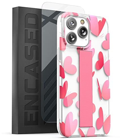 Encased Finger Loop Case Designed for iPhone 14 Pro Max with Hand Strap Grip, Pink Butterfly-Heart Design (Screen Protector Included)