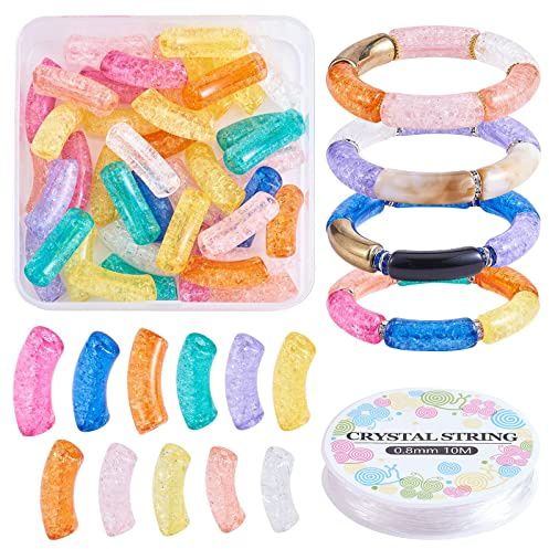 WEWAYSMILE 61 Stück Chunky Bracelet Making Kit, Undurchsichtige Acrylröhrenperlen, Bausatz Für Gebogene Armreifen, Mit Elastischem Kristallfaden, Für DIY Schmuckherstellung Armband Halskette Kit