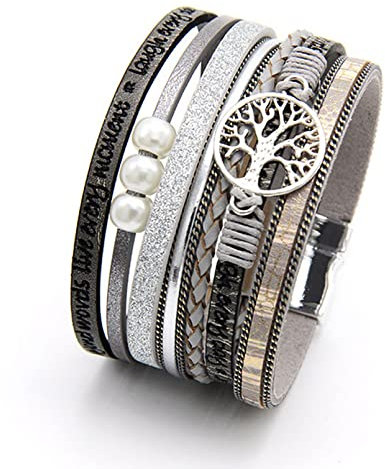 LSxAB Tree of Life Grey Leather Wrap Bracelet for Women Handmade Colorful Multi-Layer Wrapped Wristband Bracelets
