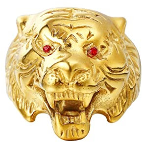 Tiger Ring für Männer, Edelstahl Nordischer Wikinger Tigerkopf Ring, Jahrgang Tiger Schädel Totem Ringe, Goldener Tiger Siegel Amulett Ring, Punk Tier Tiger Schmuck Geschenk für Männer Jungen (21.4)