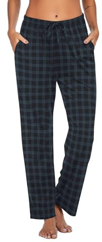 Ekouaer Schlafanzughose Damen Lang Karierte Pyjamahose Winter Weich Hose Freizeithose mit Taschen und Kordelzug Kariert M