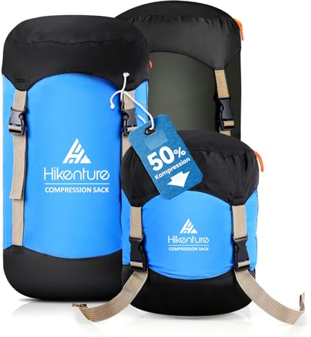 HIKENTURE Kompressionssack 10L/14L/20L/30L, 50% Mehr Stauraum! Wasserfester & Ultraleichter Kompressionssack für Schlafsack, Platzsparende Aufbewahrungstasche für Camping, Outdoor, Wandern (Blue-20L)