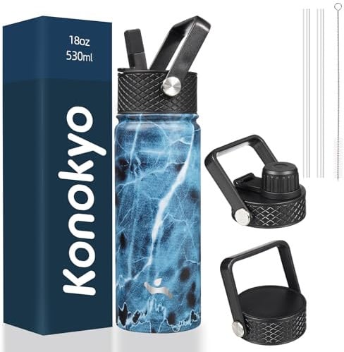 Konokyo Insulated Water Bottle with Straw,18oz 3 Lids Metal Bottles Stainless Steel Water Flask,Marble Ocean