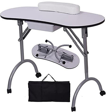 Tragbarer klappbarer Nageltisch Grad drehbare Räder und Schubladen-Maniküre-Nageltisch mit großer Kapazität (Color : White)