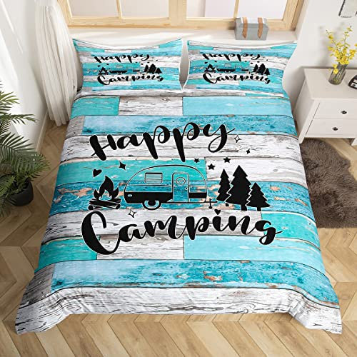 Camper Abenteuer Bettbezug Set M Größe,Glückliche Camping RV Anhänger Dekor Bettwäsche Set Kinder Jungen Erwachsene,Rustikale Bauernhaus Holztür Tröster Abdeckung,Blau Retro Quilt Cover,1 Kissenbezug