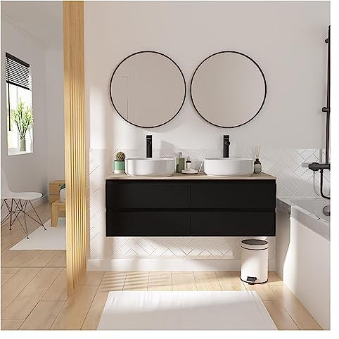 MOB-IN Ensemble Meuble Double Vasque Noir Carbone 120cm + Vasque + 2 miroirs + 2 robinets Sorrento