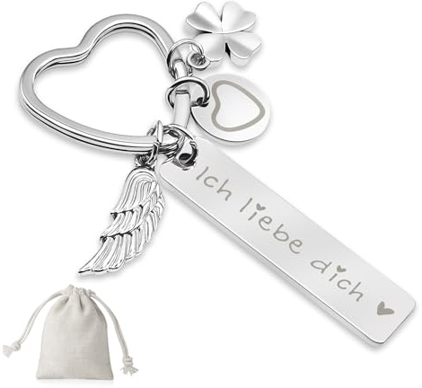 Sugeru Herz Schlüsselanhänger - Gravierte Schriftart | schutzenge l schlüsselanhänger auto personalisiert | geschenke für Führerschein Geburtstag Frauen Freundin Mama Tochter (Silber-Ich liebe dich!)