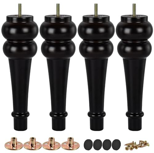 TCHOSUZ 10 inch / 24cm Wooden Furniture Legs, Pack of 4 Walnut Solid Wood Turned DIY Replacement Bun Feet with M8 Hanger Bolts & T-Nuts or Sofa Couch Cabinet Recliner Ottoman Riser