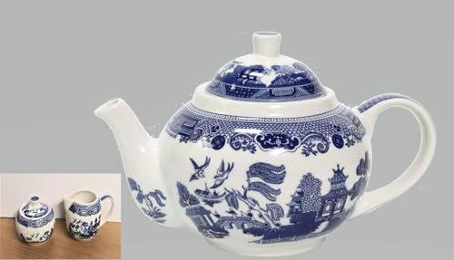 AuraHome Blue Willow Ceramic Teapot 1 Litre Size,7oz 200ml Cream/Milk Jug & Sugar Bowl with Lid Iconic Elegant Blue-Printed Scene on White Porcelain Depicts Nature & Historical Imagery