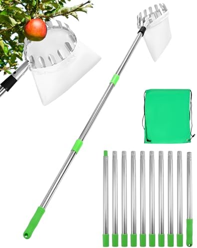 QWORK® 4M Recogedor de Frutas con Mango telescópico, Acero Inoxidable, Herramienta recolectora de Frutas