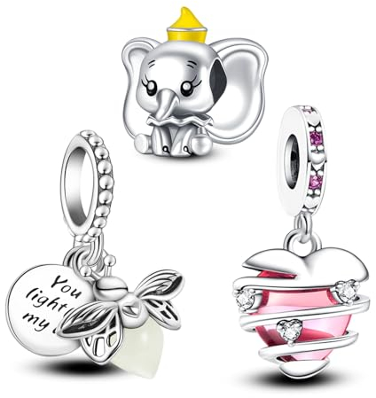 Annmors 925 Sterling Silber Bead Charms für Europäische Armbänder und Halskette Perlen Firefly Elephant Heart mit 5A Zirkonia,Valentinstag,Muttertag,Geschenkanhänger für Frauen Mädchen 3-Stück/Paket