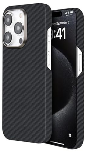 PuRoxx Magnetische Hülle für iPhone 15 Pro Max/15 Pro/15 Plus/15, Echte Kohlefaser Militärnorm Sturzschutz Schutzhülle, Dünne Leichte Handyhülle,Schwarz,15Pro