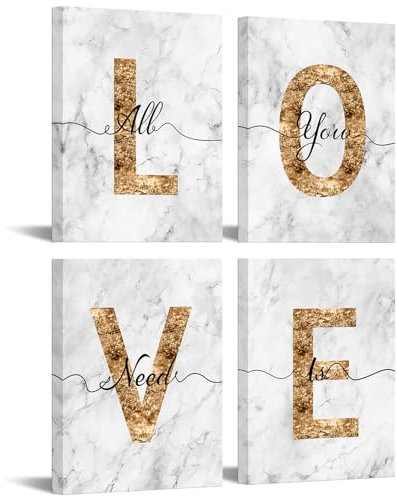 sechars Glam Black and Gold Canvas Wall Art All You Need is Love Sign Decor Fashion Glitter Marble Love Quotes for Girl Women Bedroom Bathroom Valentine's Day Gifts (White)