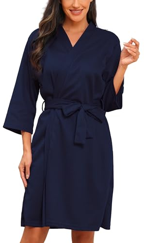 Lovasy Bademantel Damen Waffelpique 3/4 Ärmel Saunamantel Waffelstrick Morgenmantel Weich Leicht Knielang Loungewear mit Gürtel Taschen,Marineblau,M