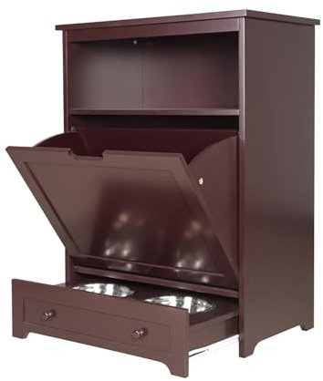 Pet Feeder Station, Dog Food Storage Cabinet with Stainless Steel Double Pull Out Raised Dog Bowls, Pet Food Toy Storage Container, Elevated Cat Bowls Feeding & Watering, Pet Toy Storage Organizer