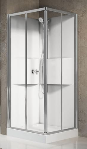 Novellini Media 2.0 A Standard 80x80 cm Cabina Doccia Multifunzione Apertura Scorrevole Montaggio Destra Sinistra Miscelatore Meccanico Vetro Trasparente Profilo Silver Ripiani Doccetta Altezza 210cm