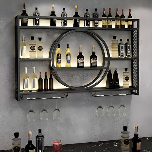 Weinregal zur Wandmontage, Metall, schwimmende Halterung, Weinflaschen- und Glasregal, Eisen-Präsentationsständer, Weinhalter, Wandmontage, Weinregal mit Regalen für Bar, Wohnzimmer, Restaurant