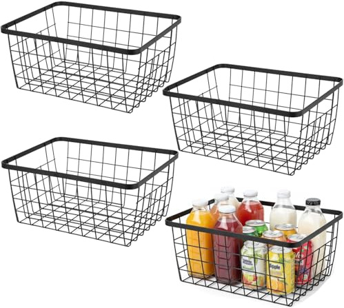 Aeggplant Kitchen Metal Wire Baskets with Handles Food Storage Organizer, Household Refrigerator for Cabinets,Pantry,Bathroom,Black,4 Pack