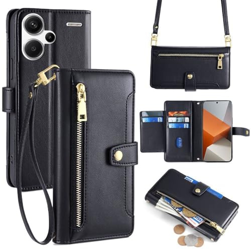 betterfon Handykette kompatibel mit Xiaomi Redmi Note 13 Pro+ 5G | Leder Handyhülle mit Kartenfächern | Handyhülle zum Umhängen | Schwarz