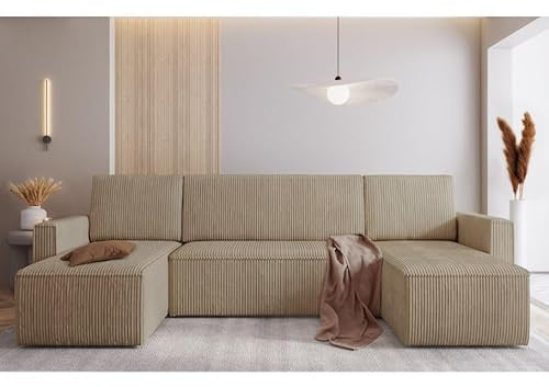 Easy4You Beige Mimir Corduroy U-shaped Corner Sofa Bed 303 x 80 x 145 cm with Sleep Function and Bedding Container - Sofa Bed with Bed Box - Corner Couch with Storage Space - Fabric: POSO 02