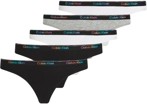 Calvin Klein Strings Lot de 5 Femme avec Logo, Multicolore (Black/White/Black/Gry HTR/White), S