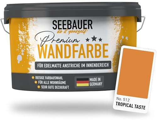 SEEBAUER diy Wandfarbe Orange 5L für Innen (No. 512 Tropical Taste) Edelmatte orange Innenfarbe - Orangetöne sehr hohe Deckkraft - Matt, Abwaschbar und Tropffrei