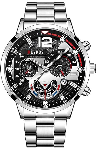 OIDEA Herren Armbanduhr Klassisch : Schwarz Silber Gold Edelstahl Armband Herrenuhr Analog Quarz 3 Zeitzone Uhr mit Beleuchtenden Zeiger Kalender Großen Zifferblatt Uhr Geschenk für Männer Freund
