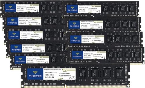 Timetec Kit di memoria RAM da 80 GB (10 x 8 GB) DDR3/DDR3L 1333 MHz PC3-10600 Non-ECC unbuffered 1,5 V/1,35 V CL9 2Rx8 Dual Rank 240 pin UDIMM PC Desktop Computer RAM Upgrade (80 GB KIT(10x8GB))