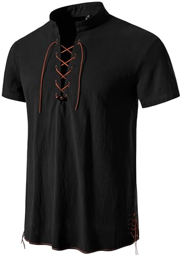 PARKLEES Men's Viking Medieval Retro Cotton Lace Up Costumes | Halloween, Renaissance, Pirate, Short Sleeve, Cosplay, Drawstring