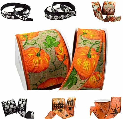 Happy Halloween Ribbon in a Range of Spooky Designs & Sizes - for Gift Wrapping, Decoration, Party Etc (Orange Pumpkin, 10 Metre Roll x 38mm)