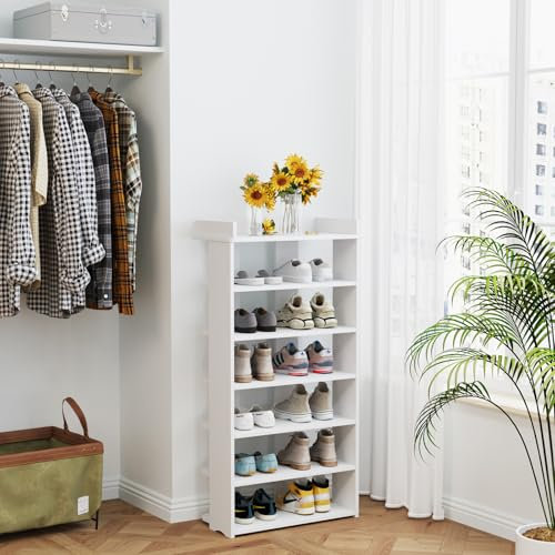 Dripex Schuhregal Schmal mit 7 Etagen, Platzsparend für Flur, Wohnzimmer und Kleiderschrank, Werkzeugloser Steckaufbau, 50 x 25 x 97 cm, Weiß