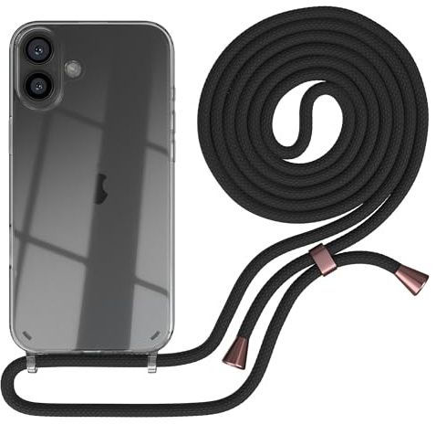 EAZY CASE Handykette kompatibel mit iPhone 16 Plus Handyhülle mit Umhängeband, Handykordel mit Schutzhülle, Silikonhülle, Hülle mit Band, Stylische Kette für Smartphones, Schwarz - Clips Rosé