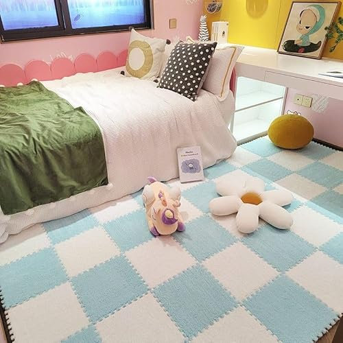 HGOuhK Plush interlocking carpet tiles 8pcs Plush Foam Floor Mats, Square Interlocking Fluffy Rugs, Non-Slip Washable, Household Soft Climbing Area Rugs(White+light Blue)