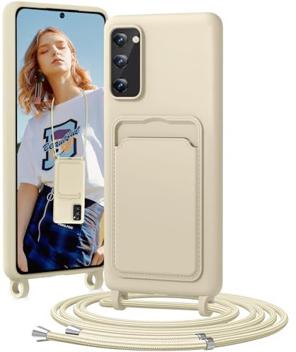 BENTIACC Handykette Silikon Hülle für Samsung Galaxy S20 FE mit Band, Handyhülle mit Kartenfach, Abnehmbar Kordel Kette, Stoßfeste Schutzhülle für Samsung Galaxy S20 FE (Beige)