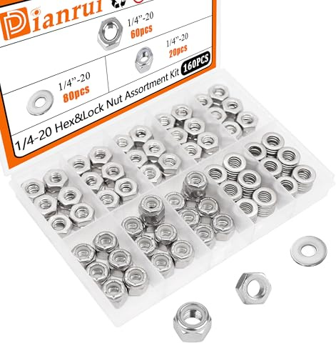 Dianrui Kit assortito di dadi esagonali da 1/4-20 160 pezzi SAE esagonali e dadi di bloccaggio con rondella piatta, dadi e rondelle, set di dadi in acciaio inossidabile 304 da 1/4-20 dadi hardware